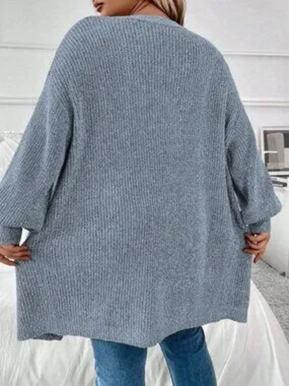 Blue Casual Women's Plus Size Loose Dropped Shoulder Long Sleeve Cardigan